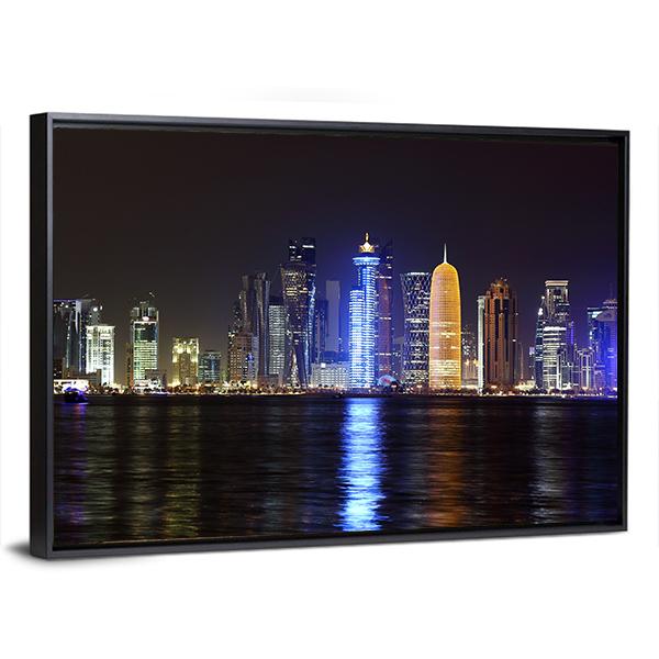 Doha Night Skyline Canvas Wall Art-3 Horizontal-Gallery Wrap-25" x 16"-Tiaracle
