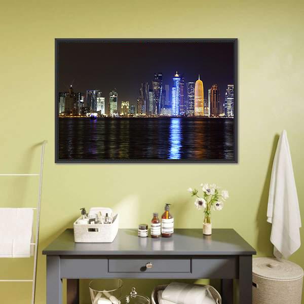 Doha Night Skyline Canvas Wall Art-3 Horizontal-Gallery Wrap-25" x 16"-Tiaracle