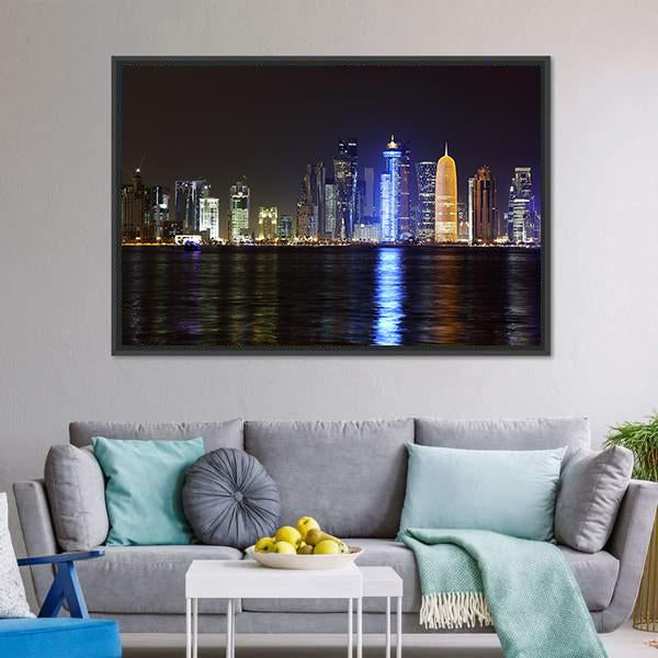 Doha Night Skyline Canvas Wall Art-3 Horizontal-Gallery Wrap-25" x 16"-Tiaracle