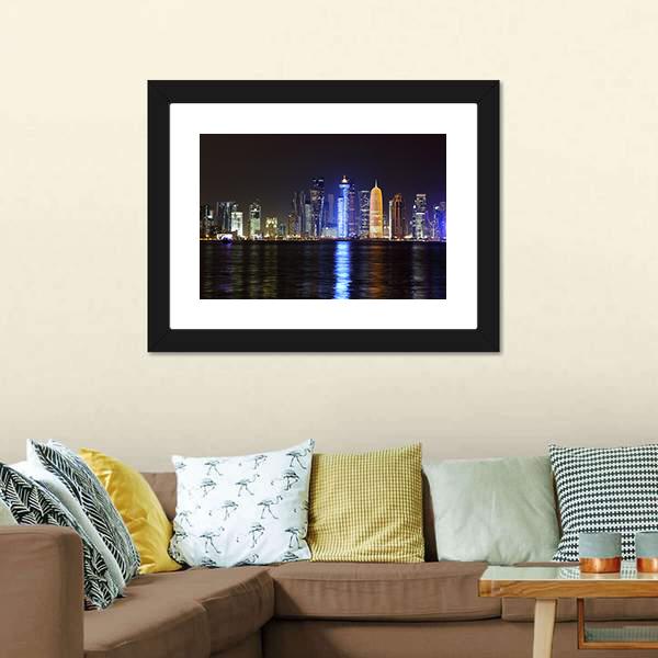 Doha Night Skyline Canvas Wall Art-1 Piece-Framed Print-20" x 16"-Tiaracle