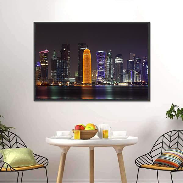 Doha Skyline At Night Canvas Wall Art-1 Piece-Floating Frame-24" x 16"-Tiaracle