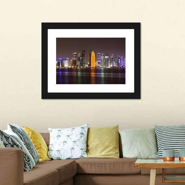 Doha Skyline At Night Canvas Wall Art-1 Piece-Framed Print-20" x 16"-Tiaracle