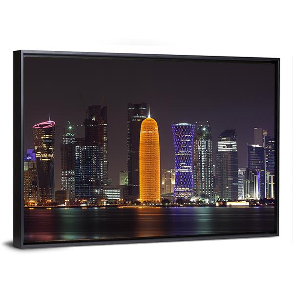 Doha Skyline At Night Canvas Wall Art-3 Horizontal-Gallery Wrap-25" x 16"-Tiaracle