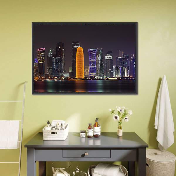 Doha Skyline At Night Canvas Wall Art-3 Horizontal-Gallery Wrap-25" x 16"-Tiaracle