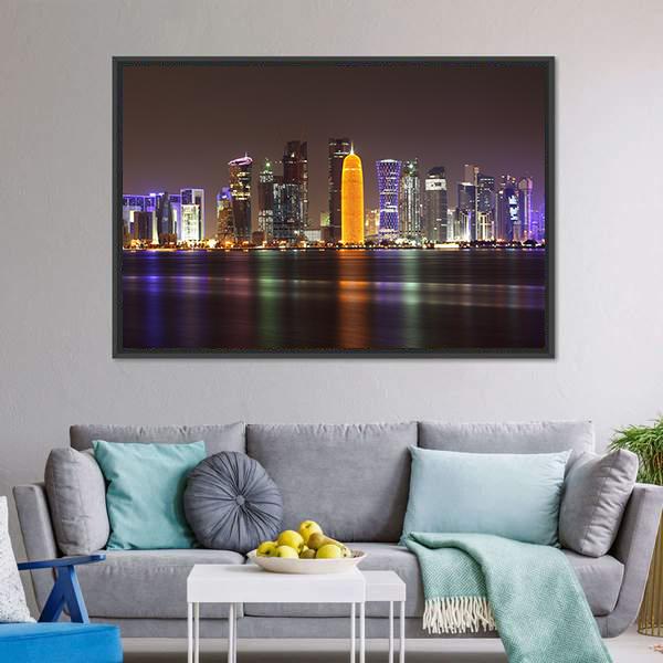 Doha Skyline At Night Canvas Wall Art-5 Horizontal-Gallery Wrap-22" x 12"-Tiaracle