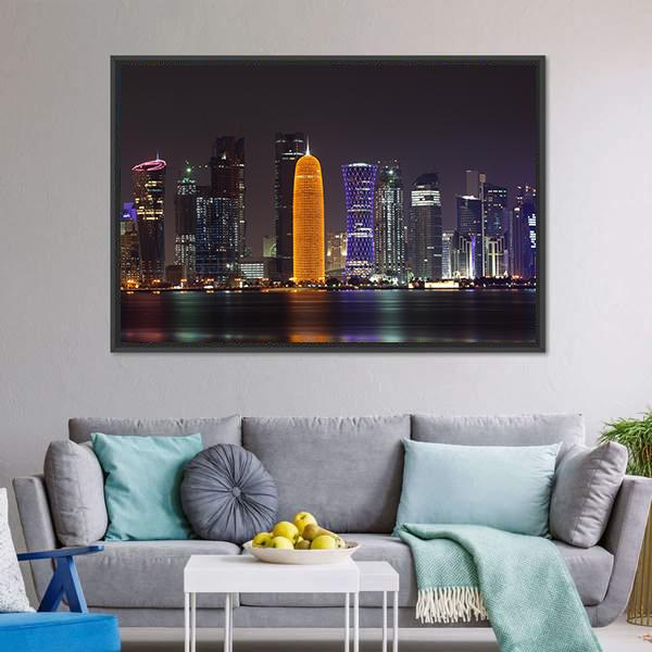 Doha Skyline At Night Canvas Wall Art-3 Horizontal-Gallery Wrap-25" x 16"-Tiaracle
