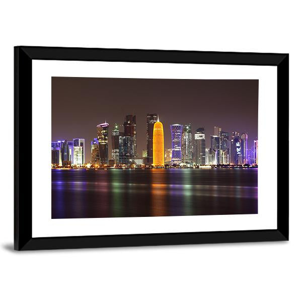 Doha Skyline At Night Canvas Wall Art-5 Horizontal-Gallery Wrap-22" x 12"-Tiaracle