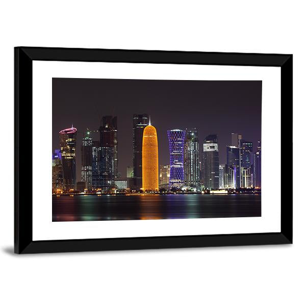 Doha Skyline At Night Canvas Wall Art-3 Horizontal-Gallery Wrap-25" x 16"-Tiaracle
