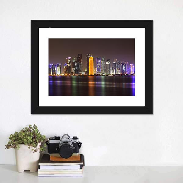 Doha Skyline At Night Canvas Wall Art-5 Horizontal-Gallery Wrap-22" x 12"-Tiaracle