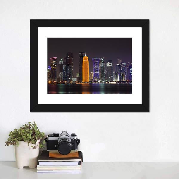 Doha Skyline At Night Canvas Wall Art-3 Horizontal-Gallery Wrap-25" x 16"-Tiaracle