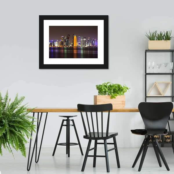 Doha Skyline At Night Canvas Wall Art-5 Horizontal-Gallery Wrap-22" x 12"-Tiaracle
