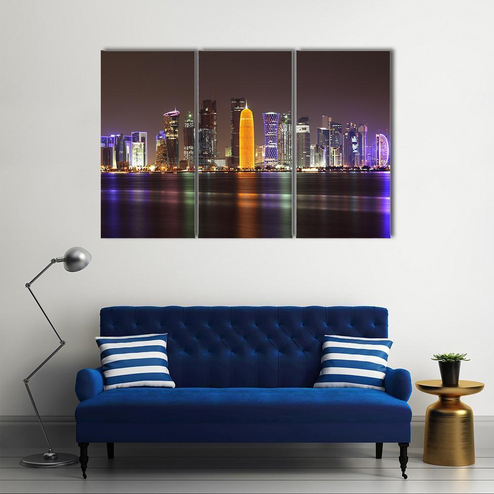 Doha Skyline At Night Canvas Wall Art-3 Horizontal-Gallery Wrap-37" x 24"-Tiaracle