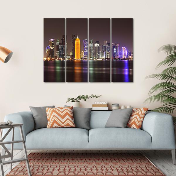 Doha Skyline At Night Canvas Wall Art-4 Horizontal-Gallery Wrap-34" x 24"-Tiaracle