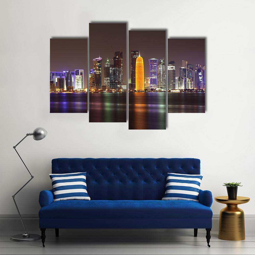 Doha Skyline At Night Canvas Wall Art-4 Pop-Gallery Wrap-50" x 32"-Tiaracle