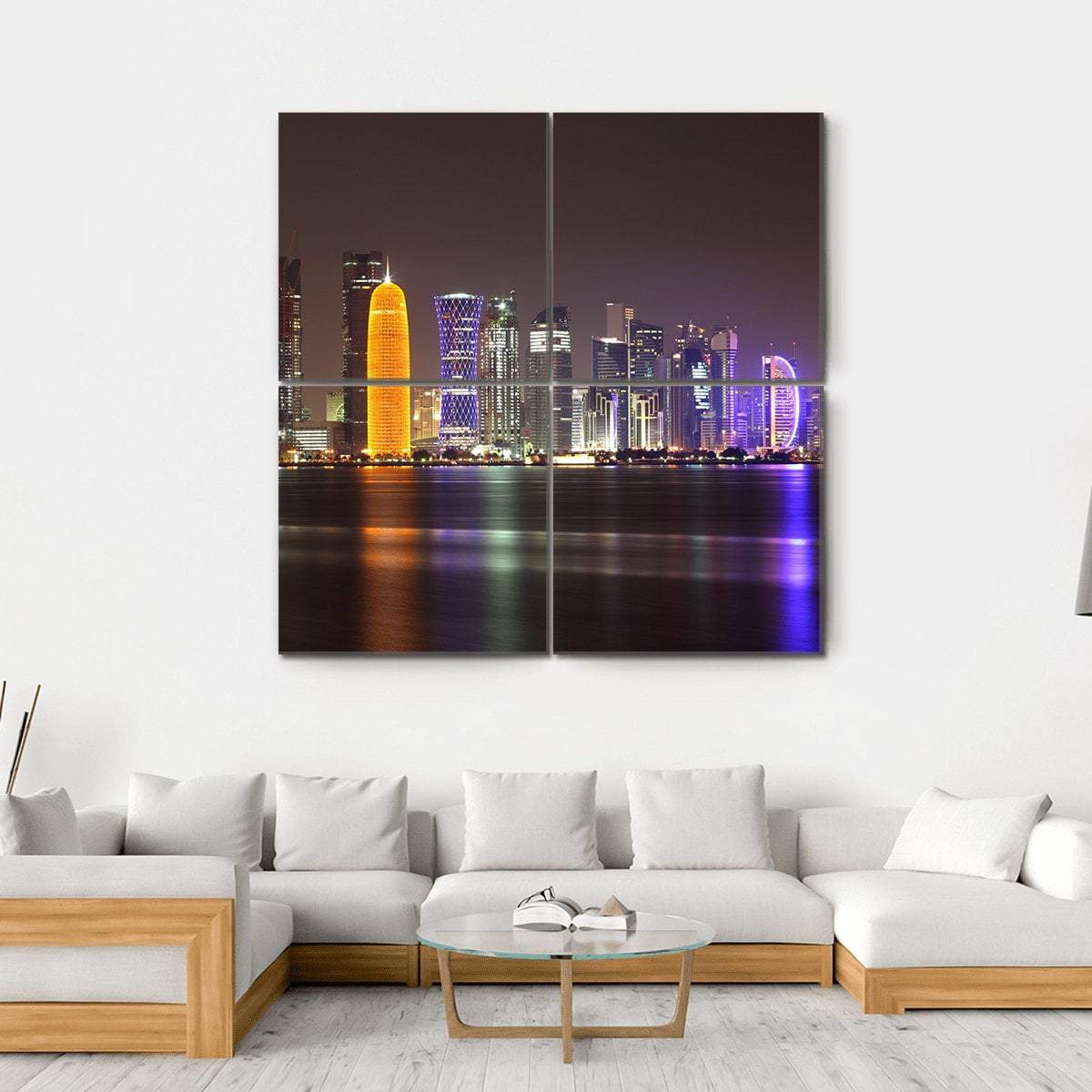Doha Skyline At Night Canvas Wall Art-4 Square-Gallery Wrap-17" x 17"-Tiaracle