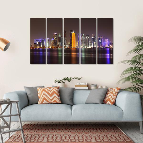 Doha Skyline At Night Canvas Wall Art-5 Horizontal-Gallery Wrap-22" x 12"-Tiaracle