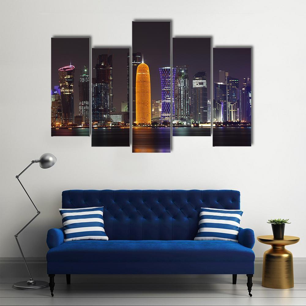 Doha Skyline At Night Canvas Wall Art-5 Pop-Gallery Wrap-47" x 32"-Tiaracle