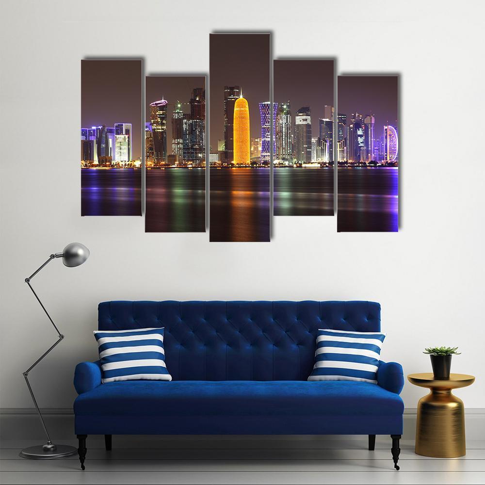 Doha Skyline At Night Canvas Wall Art-5 Pop-Gallery Wrap-47" x 32"-Tiaracle