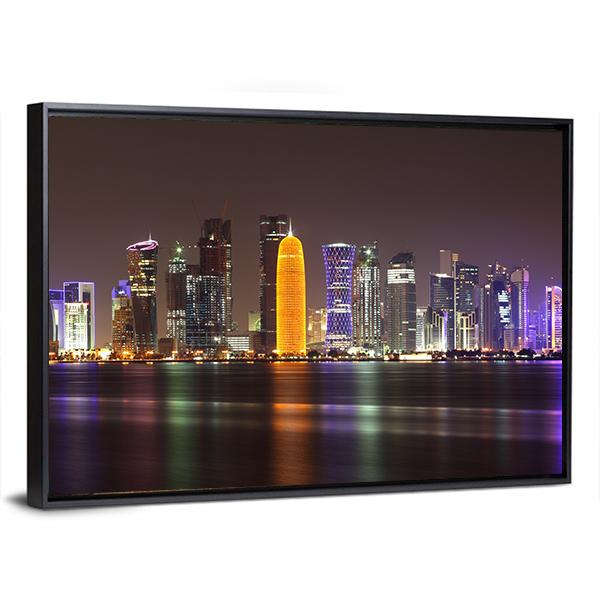 Doha Skyline At Night Canvas Wall Art-3 Horizontal-Gallery Wrap-25" x 16"-Tiaracle