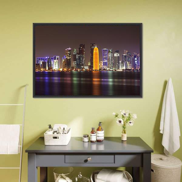 Doha Skyline At Night Canvas Wall Art-3 Horizontal-Gallery Wrap-25" x 16"-Tiaracle