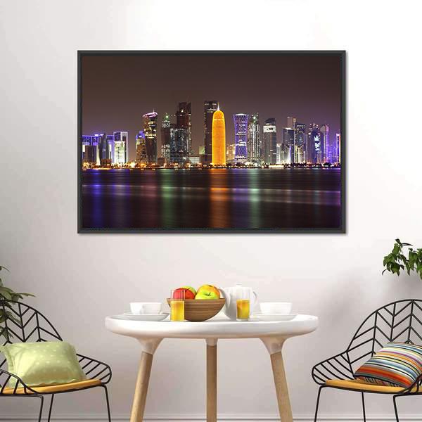 Doha Skyline At Night Canvas Wall Art-1 Piece-Floating Frame-24" x 16"-Tiaracle