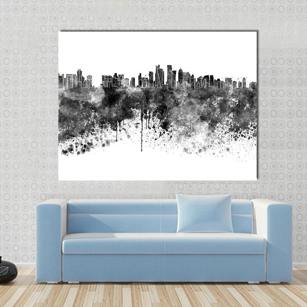 Doha Skyline In Black Watercolor Canvas Wall Art-1 Piece-Gallery Wrap-48" x 32"-Tiaracle