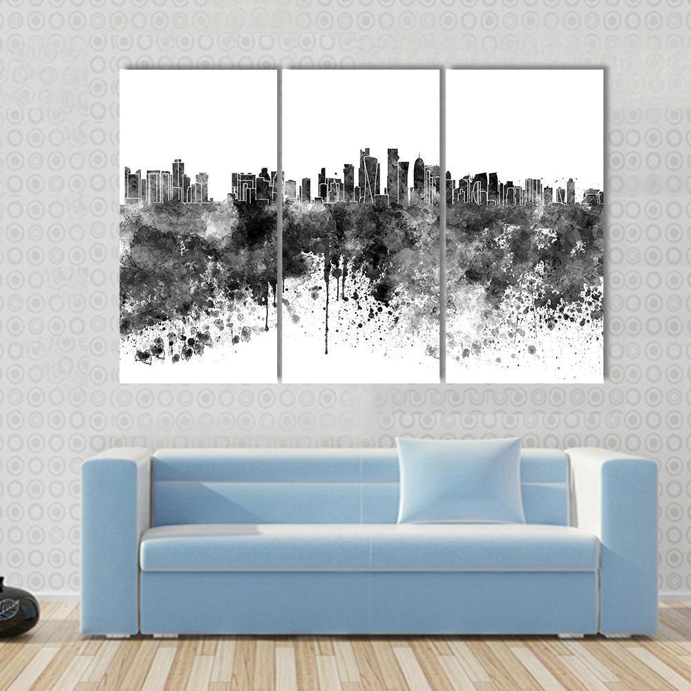 Doha Skyline In Black Watercolor Canvas Wall Art-3 Horizontal-Gallery Wrap-37" x 24"-Tiaracle