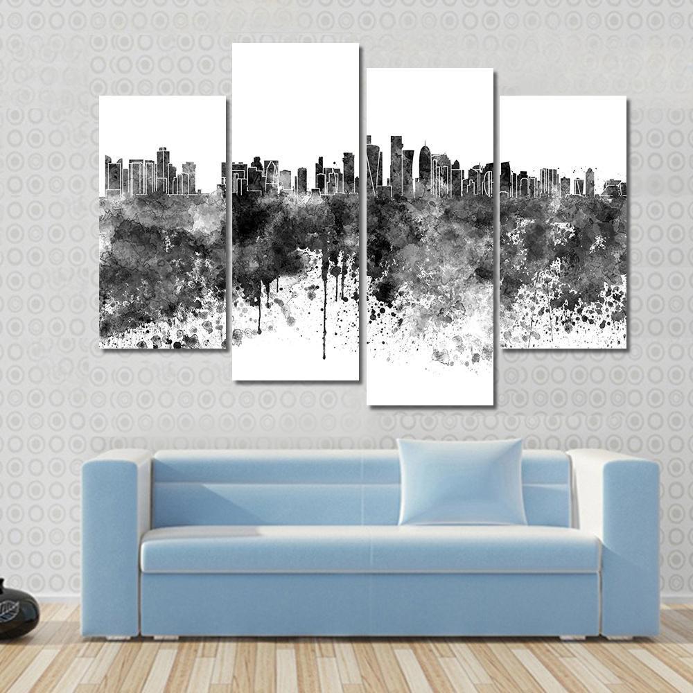 Doha Skyline In Black Watercolor Canvas Wall Art-4 Pop-Gallery Wrap-50" x 32"-Tiaracle
