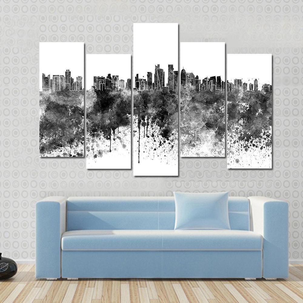 Doha Skyline In Black Watercolor Canvas Wall Art-5 Pop-Gallery Wrap-47" x 32"-Tiaracle
