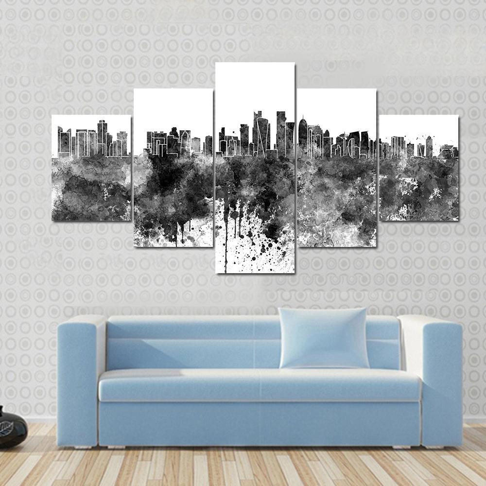Doha Skyline In Black Watercolor Canvas Wall Art-5 Star-Gallery Wrap-62" x 32"-Tiaracle
