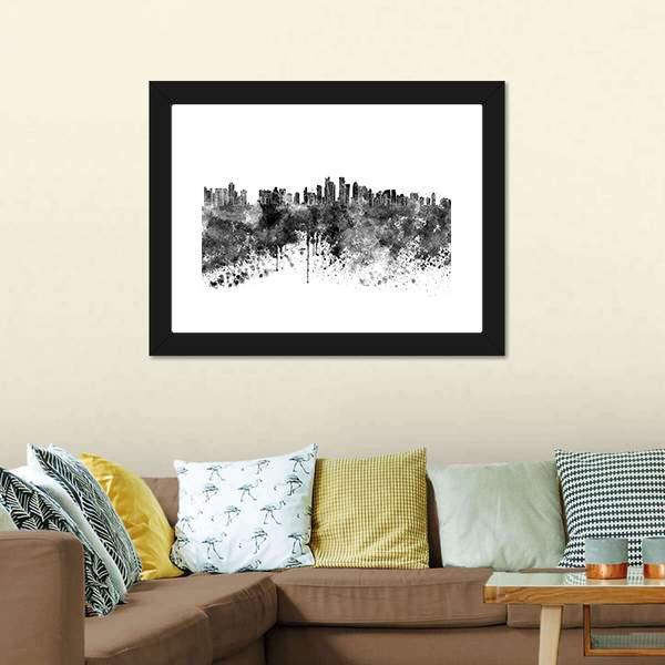 Doha Skyline In Black Watercolor Canvas Wall Art-1 Piece-Framed Print-20" x 16"-Tiaracle