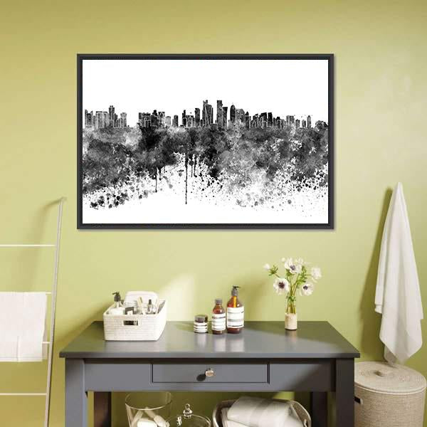 Doha Skyline In Black Watercolor Canvas Wall Art-3 Horizontal-Gallery Wrap-25" x 16"-Tiaracle