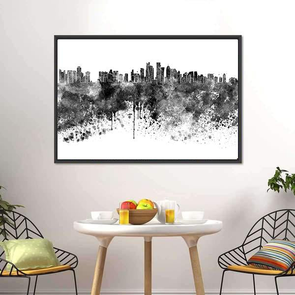 Doha Skyline in Black Watercolor Canvas Wall Art in black, white and gray, framed canvas, product view on a white background