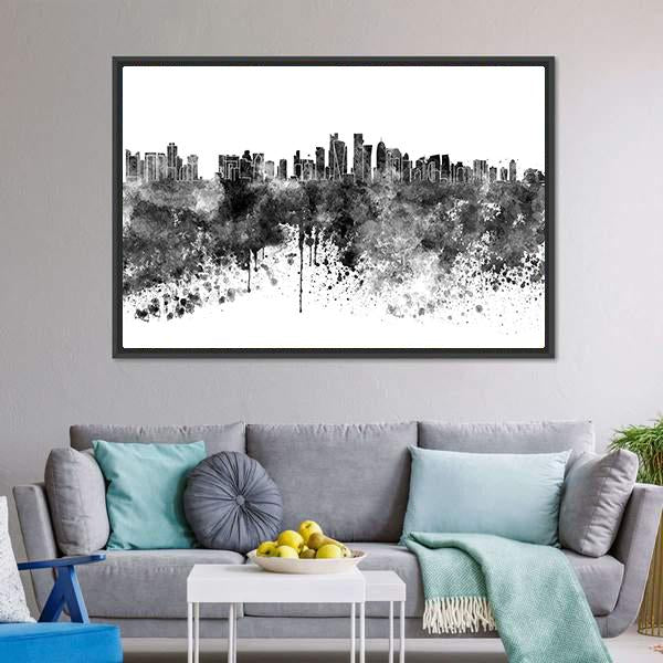 Doha Skyline In Black Watercolor Canvas Wall Art-3 Horizontal-Gallery Wrap-25" x 16"-Tiaracle