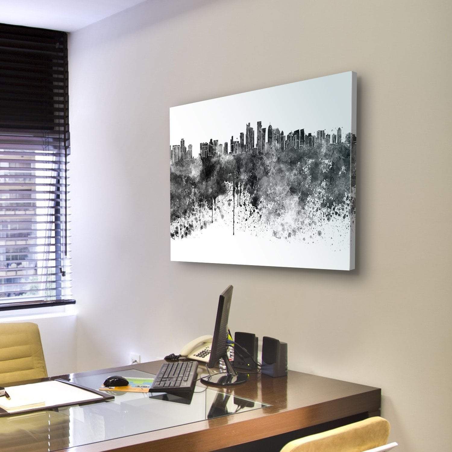 Doha Skyline In Black Watercolor Canvas Wall Art-5 Pop-Gallery Wrap-47" x 32"-Tiaracle