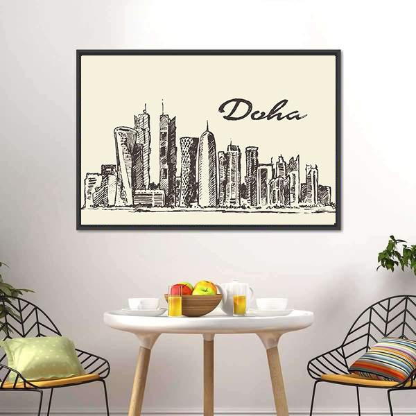 Doha Skyline Sketch Canvas Wall Art-1 Piece-Floating Frame-24" x 16"-Tiaracle