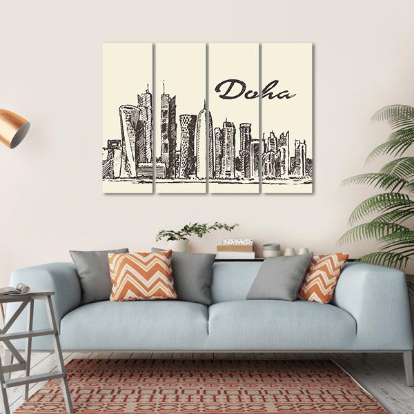 Doha Skyline Sketch Canvas Wall Art-4 Horizontal-Gallery Wrap-34" x 24"-Tiaracle