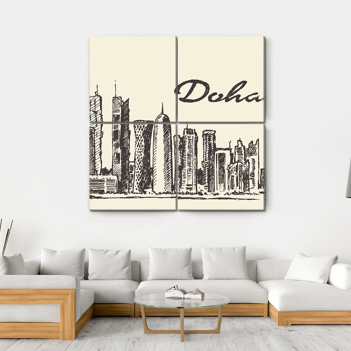 Doha Skyline Sketch Canvas Wall Art-4 Square-Gallery Wrap-17" x 17"-Tiaracle