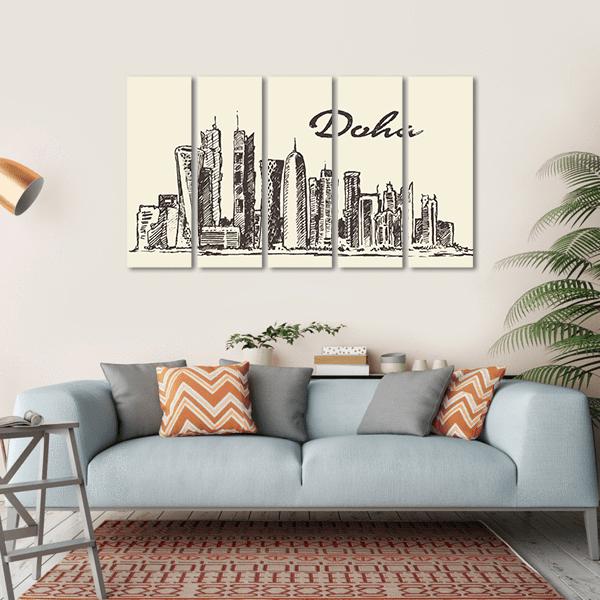 Doha Skyline Sketch Canvas Wall Art-5 Horizontal-Gallery Wrap-22" x 12"-Tiaracle