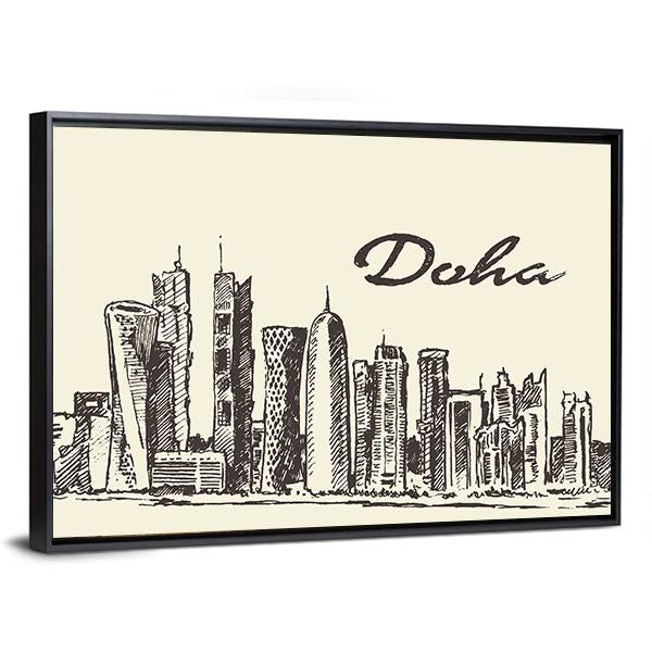 Doha Skyline Sketch Canvas Wall Art-5 Horizontal-Gallery Wrap-22" x 12"-Tiaracle