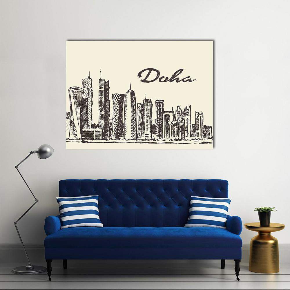 Doha Skyline Sketch Canvas Wall Art in black and beige, single panel hung on a wall