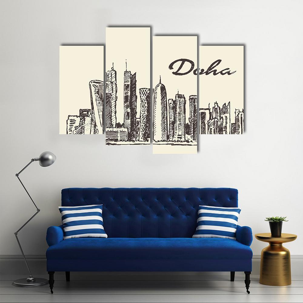 Doha Skyline Sketch Canvas Wall Art-4 Pop-Gallery Wrap-50" x 32"-Tiaracle