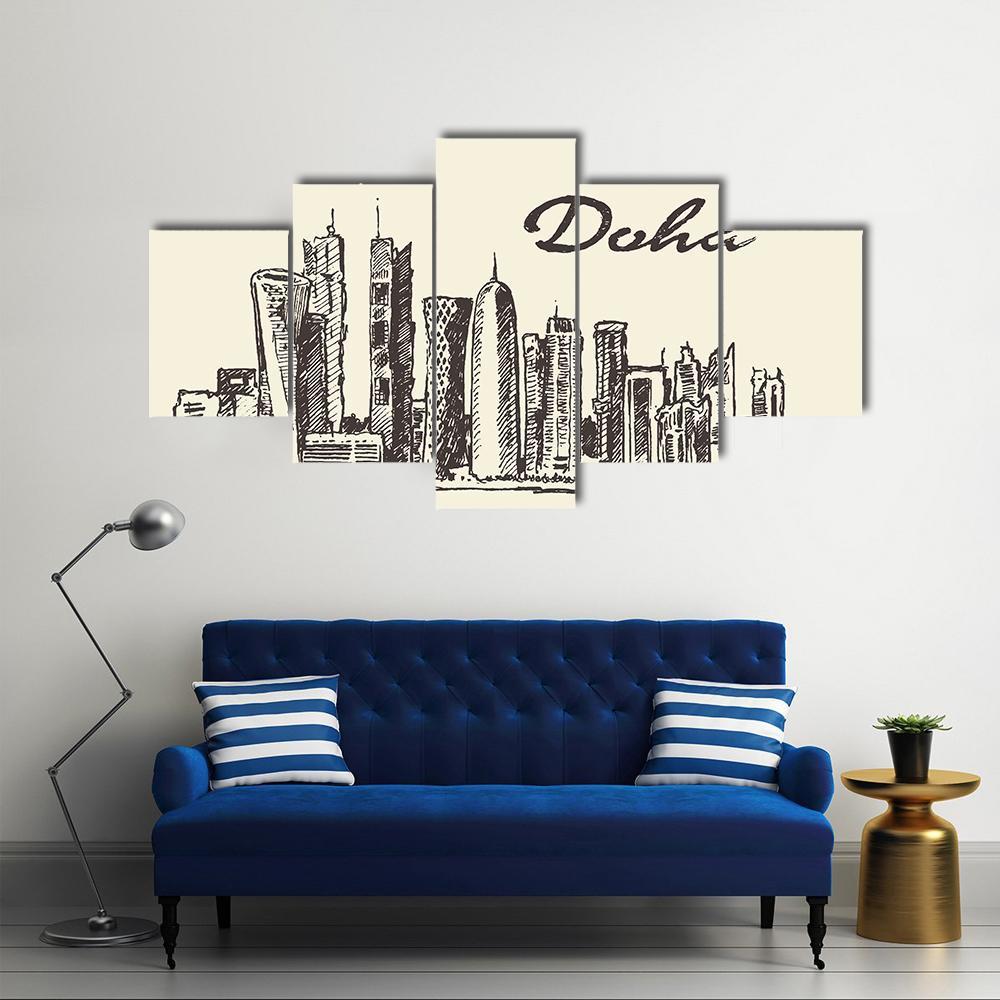 Doha Skyline Sketch Canvas Wall Art-3 Horizontal-Gallery Wrap-37" x 24"-Tiaracle