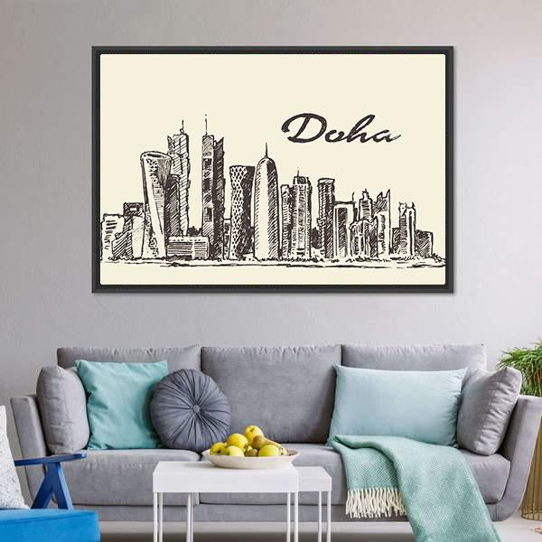 Doha Skyline Sketch Panoramic Canvas Wall Art-1 Piece-36" x 12"-Tiaracle