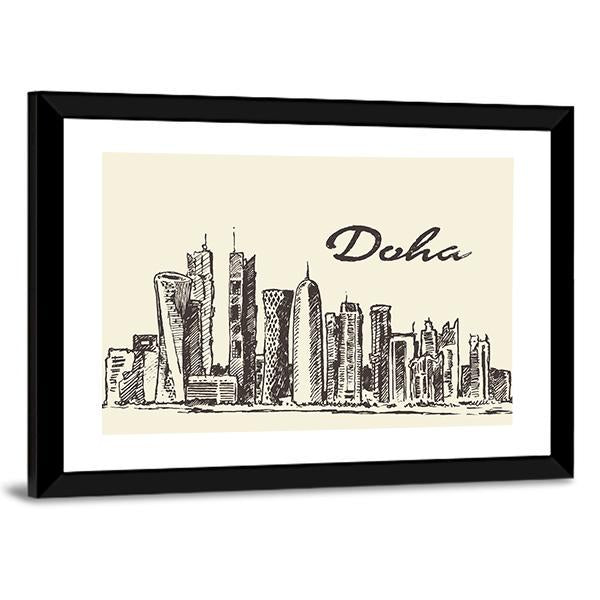 Doha Skyline Sketch Panoramic Canvas Wall Art-1 Piece-36" x 12"-Tiaracle