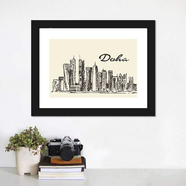 Doha Skyline Sketch Panoramic Canvas Wall Art-1 Piece-36" x 12"-Tiaracle