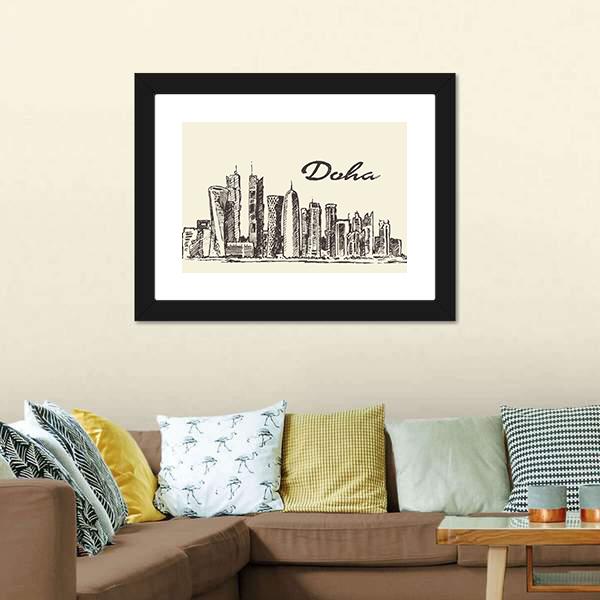 Doha Skyline Sketch Panoramic Canvas Wall Art-1 Piece-36" x 12"-Tiaracle