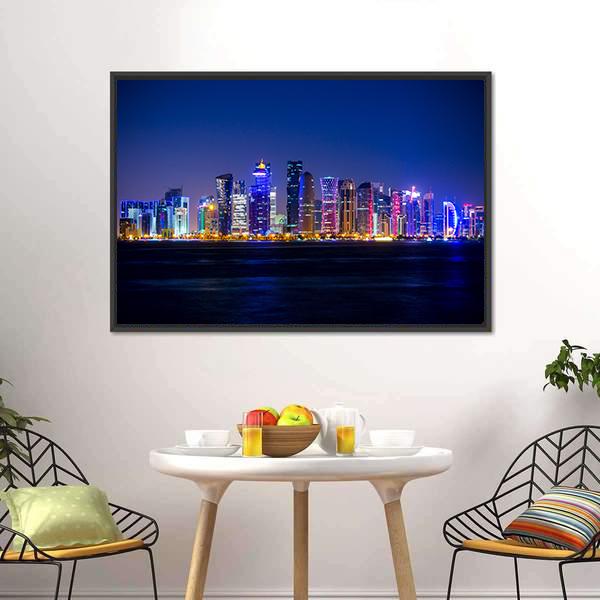 Doha Skyscrapers At Night Canvas Wall Art-1 Piece-Floating Frame-24" x 16"-Tiaracle