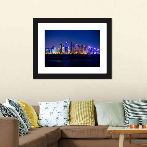 Doha Skyscrapers At Night Canvas Wall Art-1 Piece-Framed Print-20" x 16"-Tiaracle