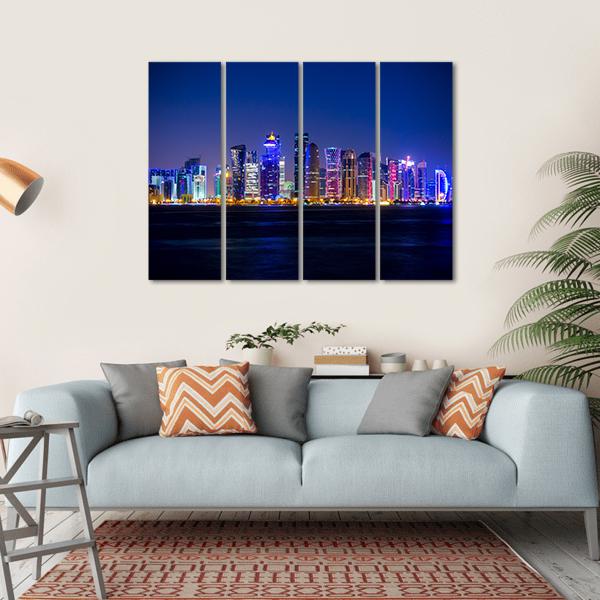 Doha Skyscrapers At Night Canvas Wall Art-4 Horizontal-Gallery Wrap-34" x 24"-Tiaracle